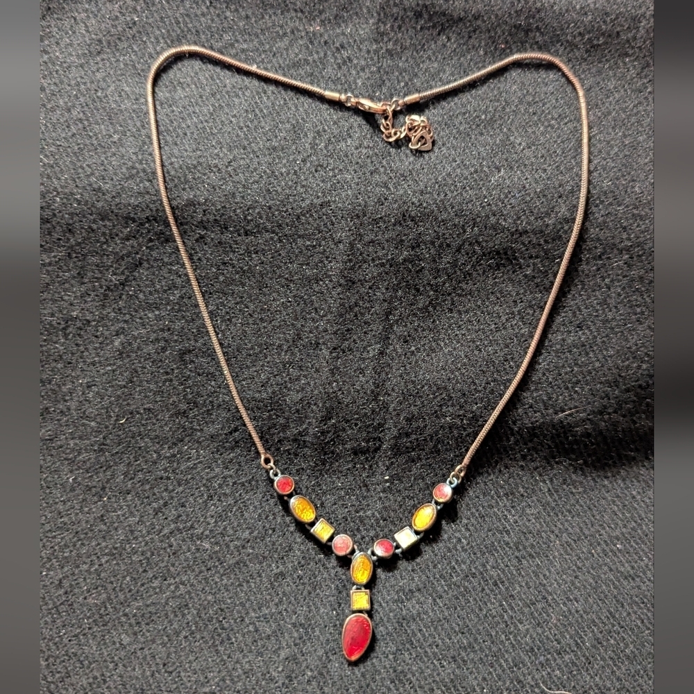 Copper Tone Red Orange Yellow Y Shape Pendant Statement Necklace